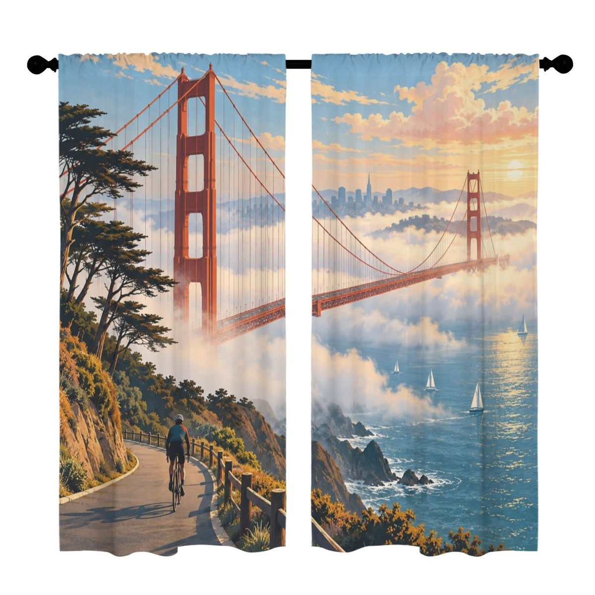 Golden Gate Fogline Bicycle Morning 52 x 84 in Window Curtain Set