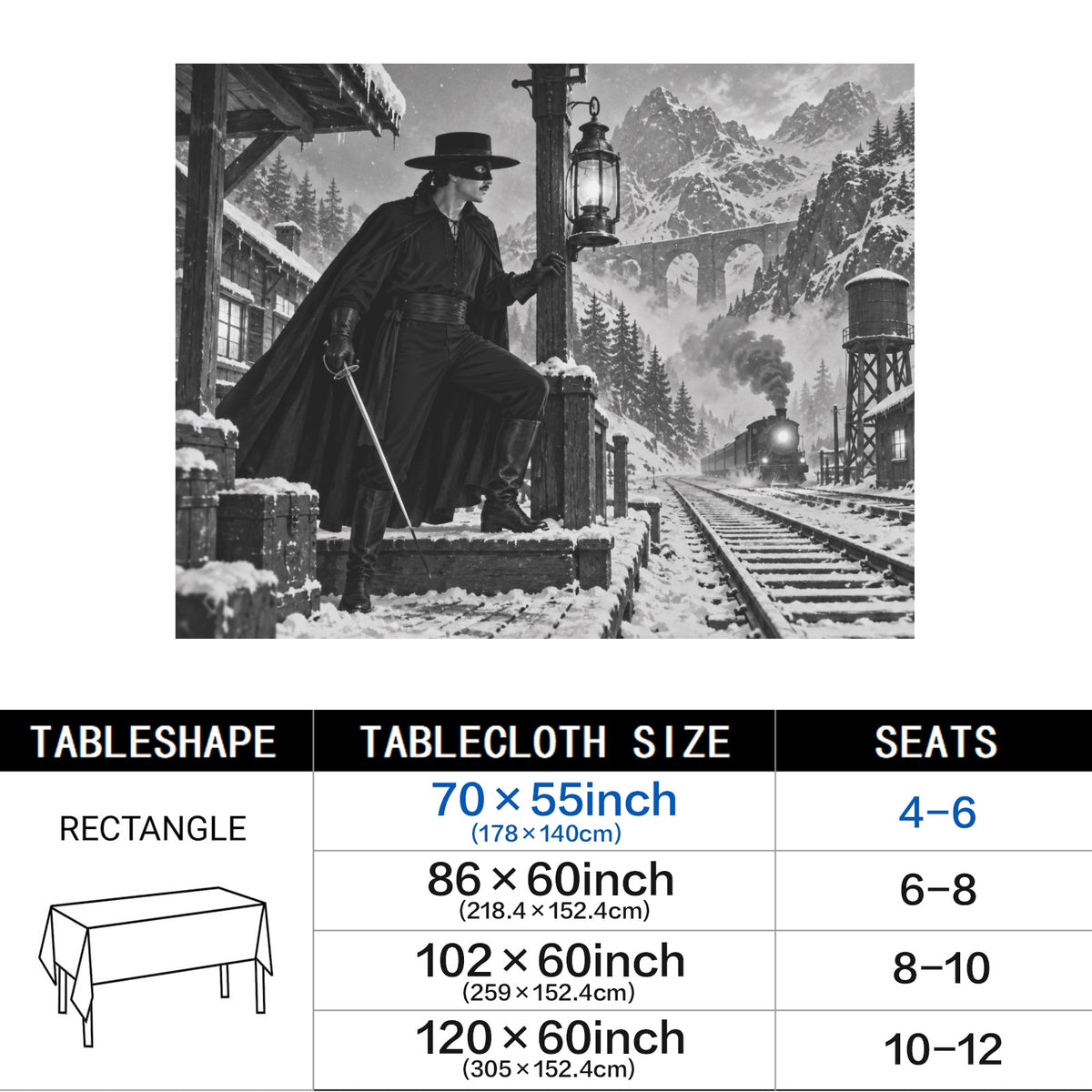 Zorro Snowy Rail 178cm x 140cm Rectangular Tablecloth 70x55inch (QUE)