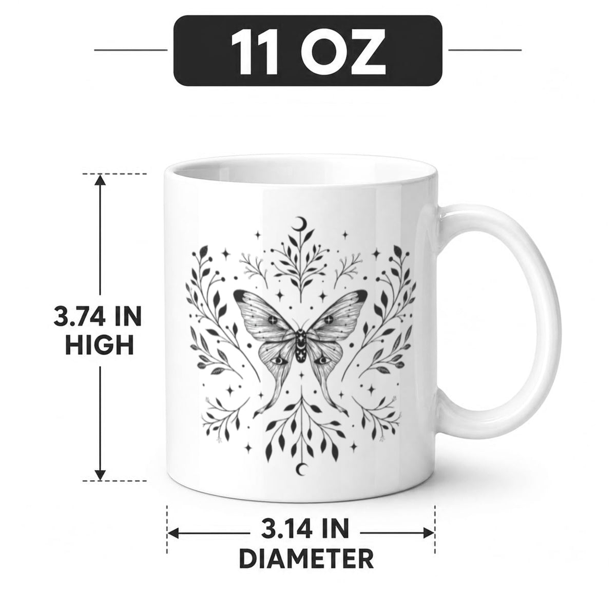 Moth and Moon 11 oz White Ceramic Mug