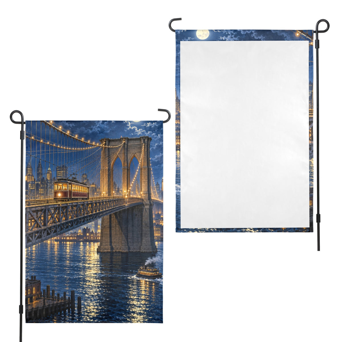 Moonlit Tram Brooklyn Bridge 12 x 18 in Garden Flag