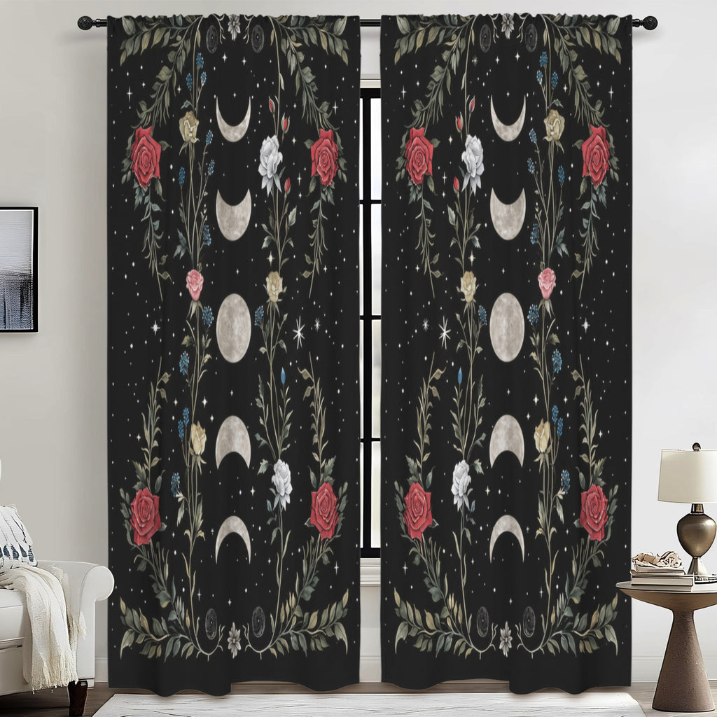 Whimsigoth Moon-Phase Roses 52 x 84 in Window Curtain Set