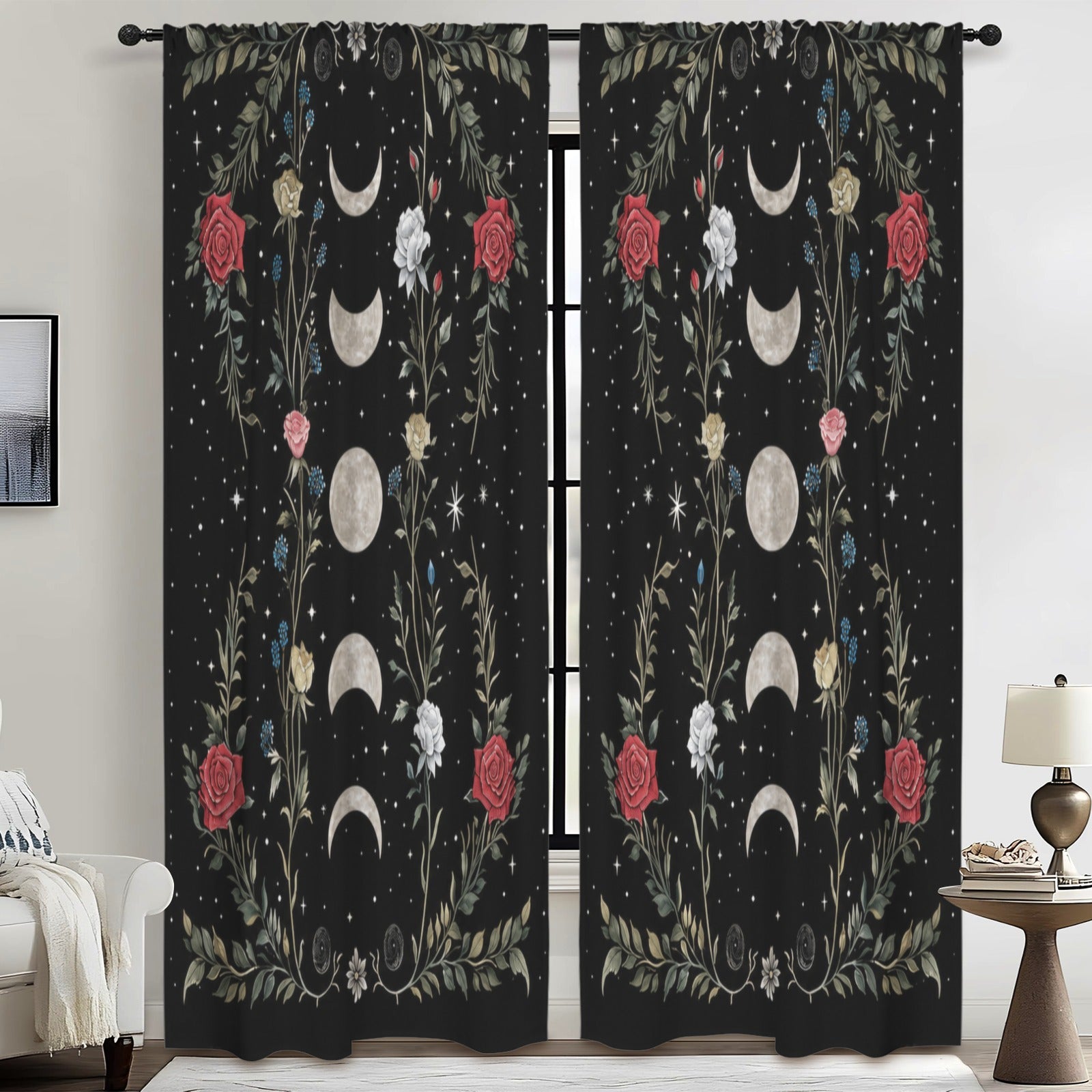 Whimsigoth Moon-Phase Roses 52 x 84 in Window Curtain Set