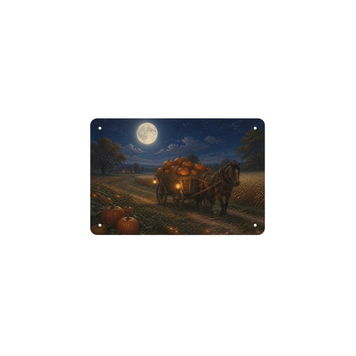 Moonlit Pumpkin Cart 12 x 8 in Metal Tin Sign