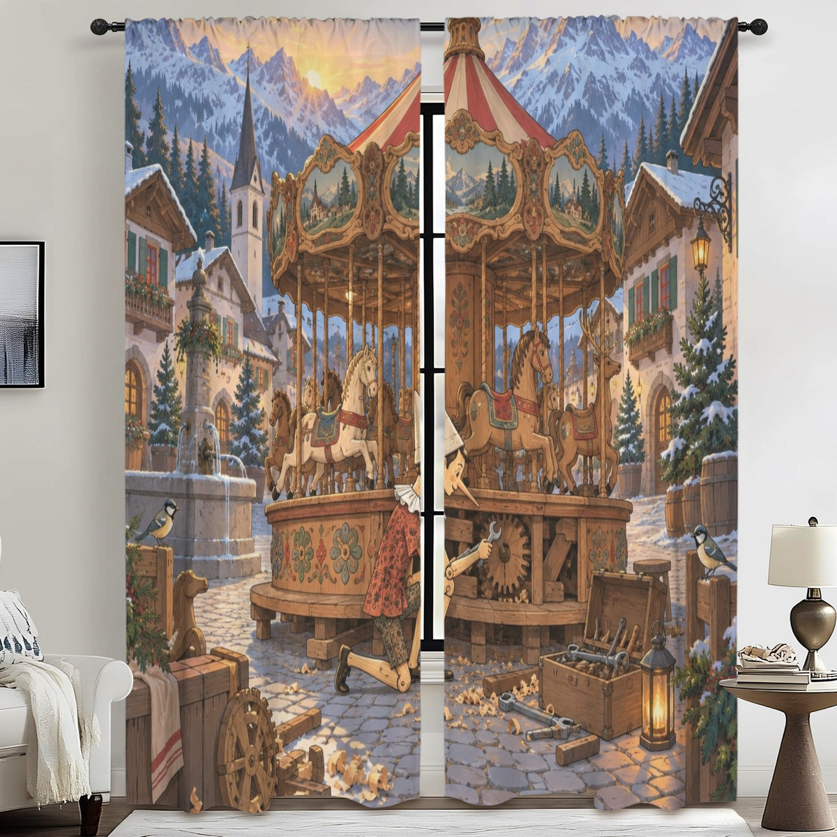 Pinocchio Repairs an Alpine Carousel 52 x 84 in Window Curtain Set