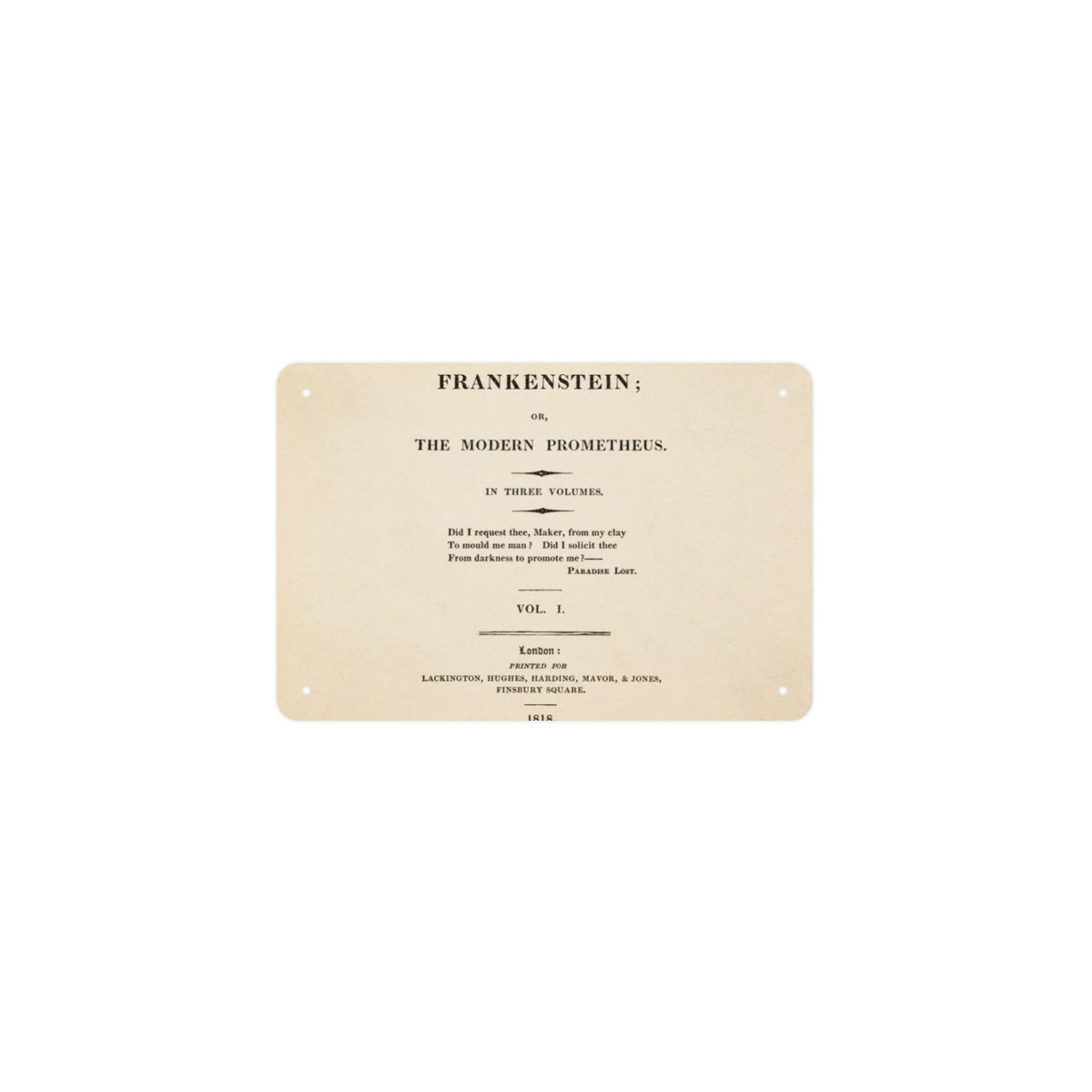 Frankenstein Title Page 12 x 8 in Metal Tin Sign