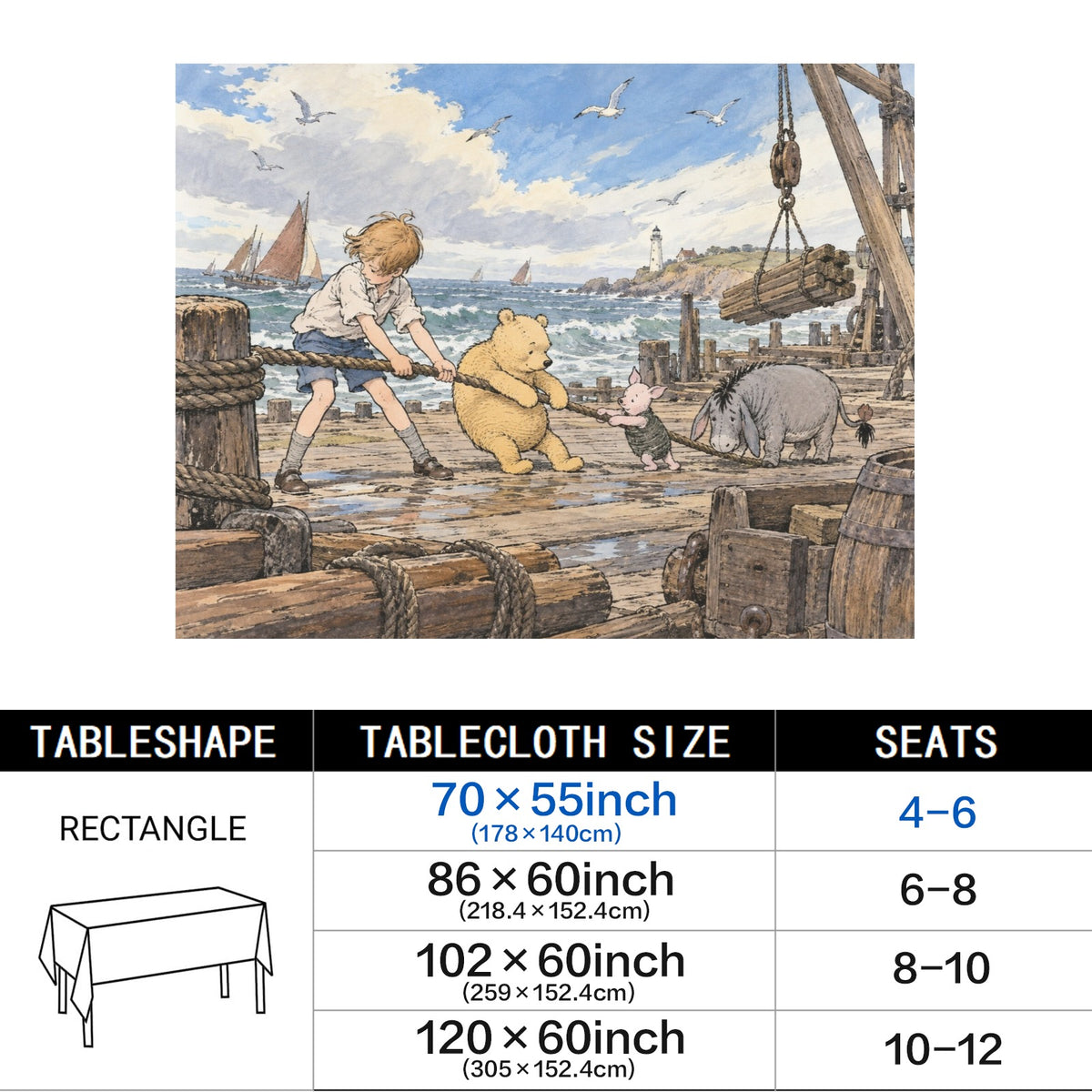 Pooh Shipyard 178cm x 140cm Rectangular Tablecloth 70x55inch (QUE)