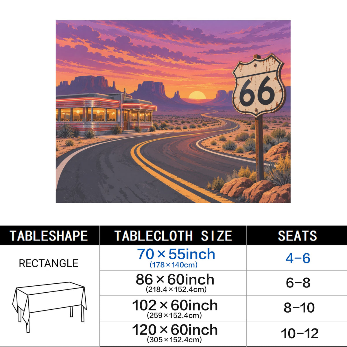 Route 66 Diner 178cm x 140cm Rectangular Tablecloth 70x55inch (QUE)
