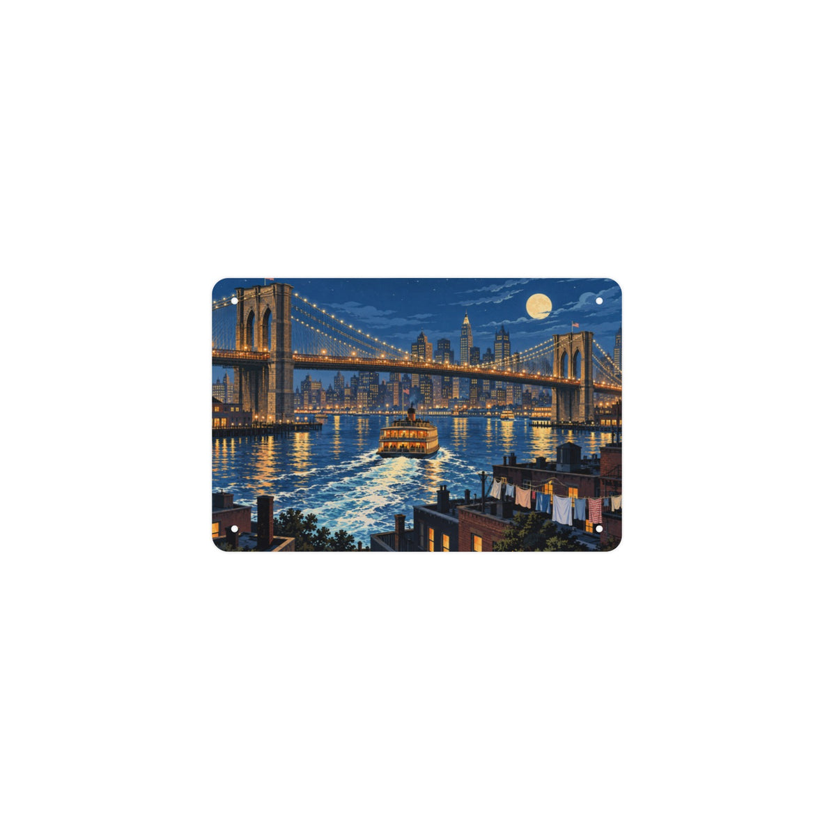 Night Ferry Brooklyn Bridge 12 x 8 in Metal Tin Sign