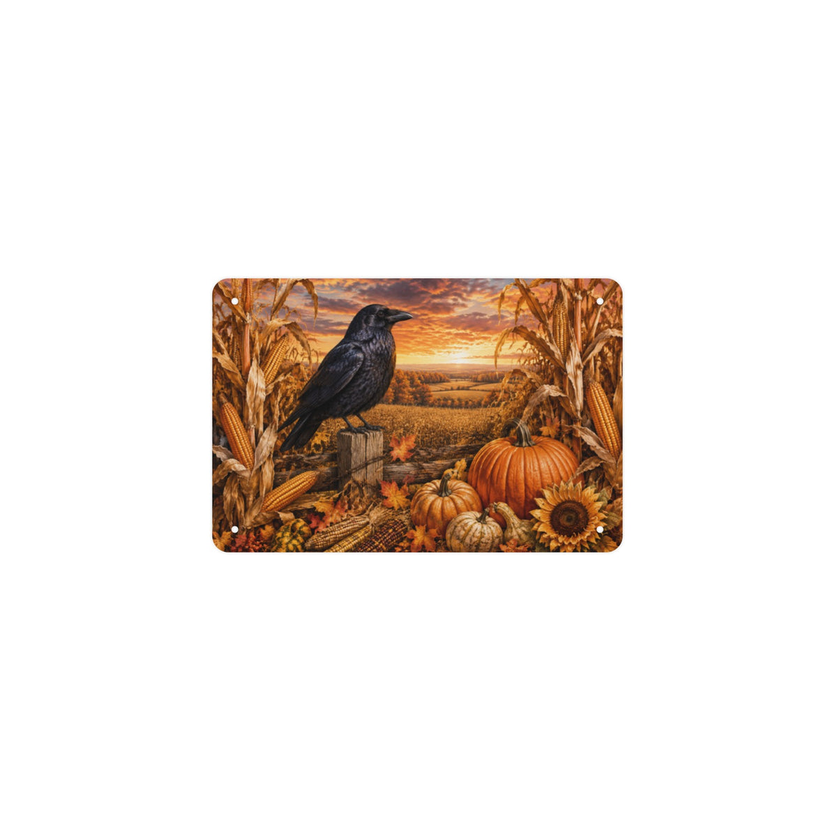 Crow & Cornstalk Harvest 12 x 8 in Metal Tin Sign