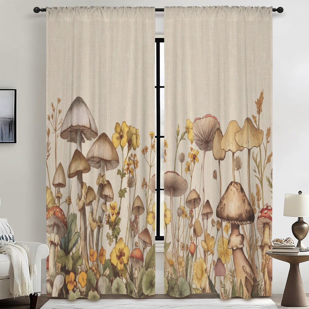 Mushroom Retro Meadow 52 x 84 in Window Curtain Set