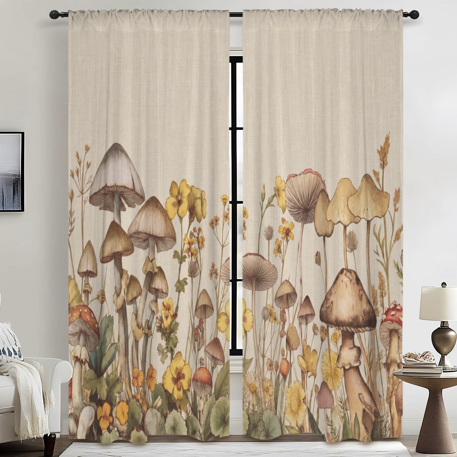 Mushroom Retro Meadow 52 x 84 in Window Curtain Set