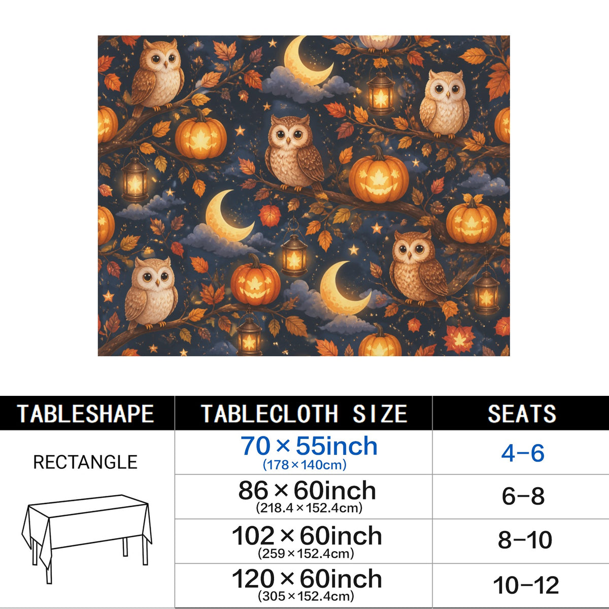Owl Lanterns 178cm x 140cm Rectangular Tablecloth 70x55inch (QUE)
