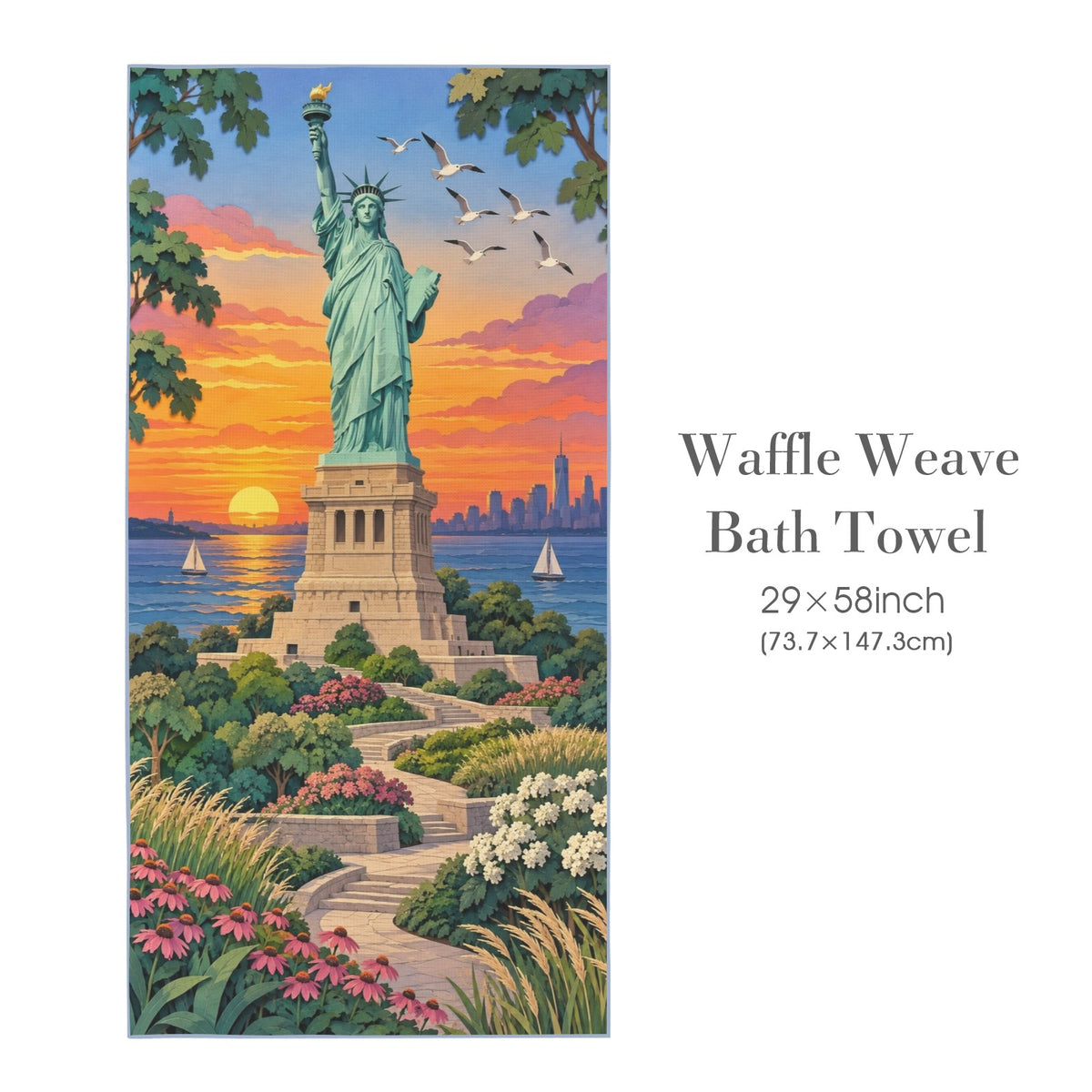 Statue of Liberty Sunset 29"x58" (QUE) Waffle Weave Bath Towel