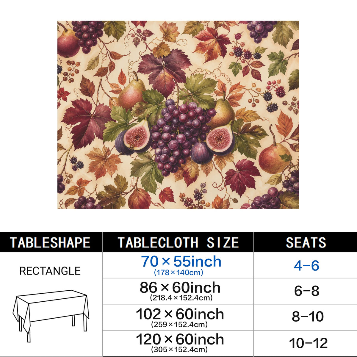 Grape Fig 178cm x 140cm Rectangular Tablecloth 70x55inch (QUE)