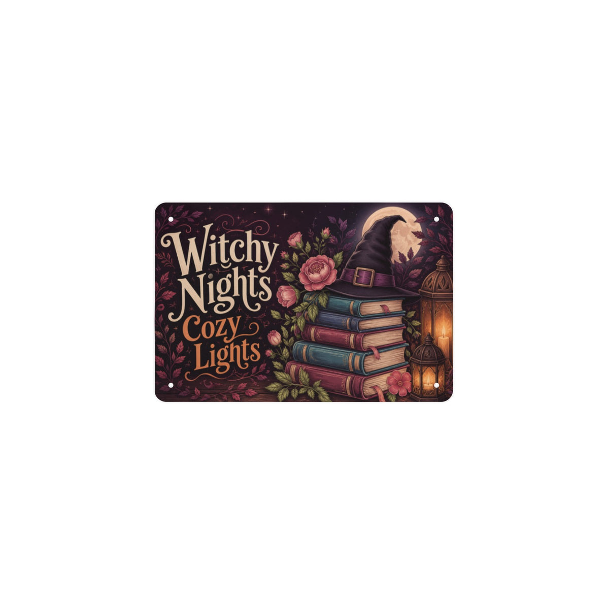 Witchy Nights Cozy Lights 12 x 8 in Metal Tin Sign