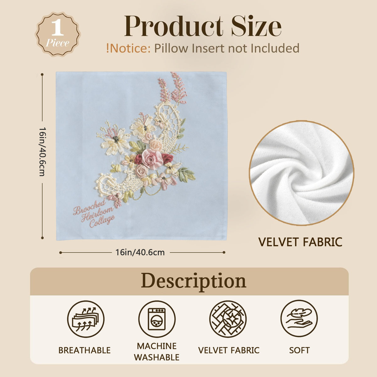 Brooched Heirloom Collage 16 x 16 in Envelope Pillow Case