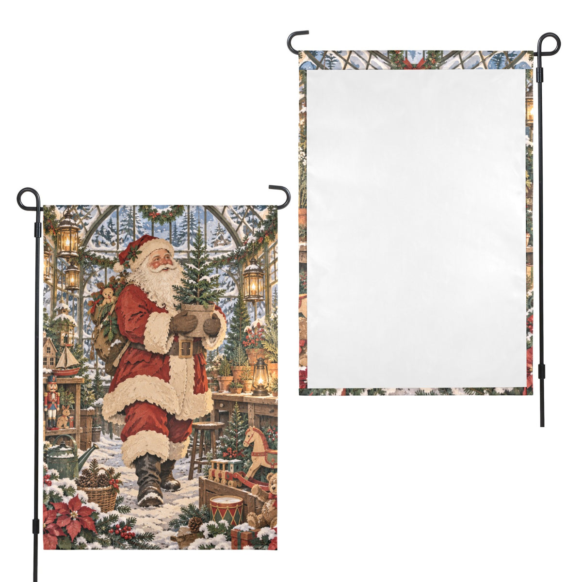Santa 1881 winter greenhouse workshop 12 x 18 in Garden Flag