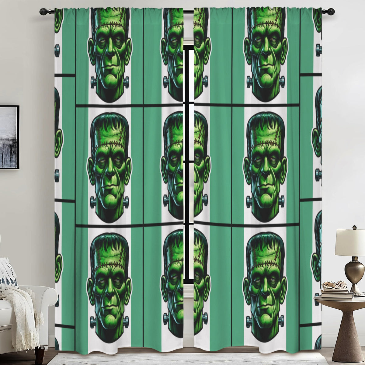 Green Frankenstein Faces 52 x 84 in Window Curtain Set