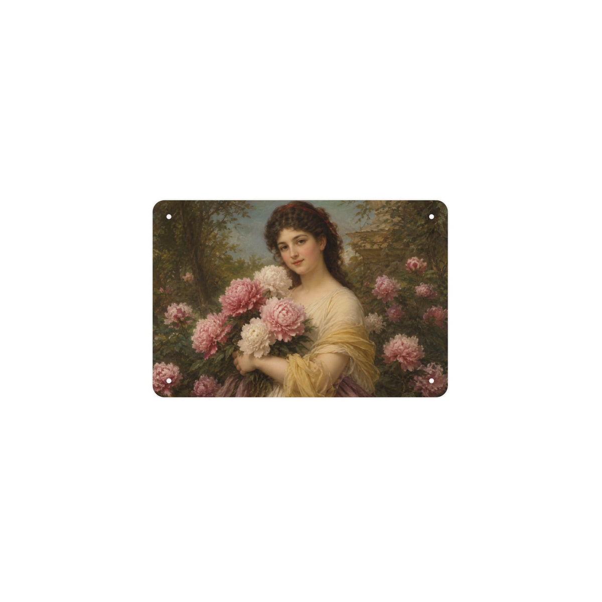 Young Woman with Peonies 12 x 8 in Metal Tin Sign