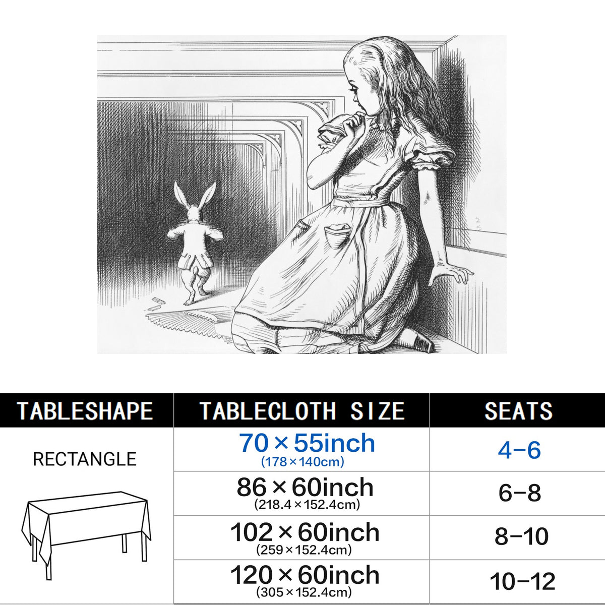 White Rabbit 178cm x 140cm Rectangular Tablecloth 70x55inch (QUE)