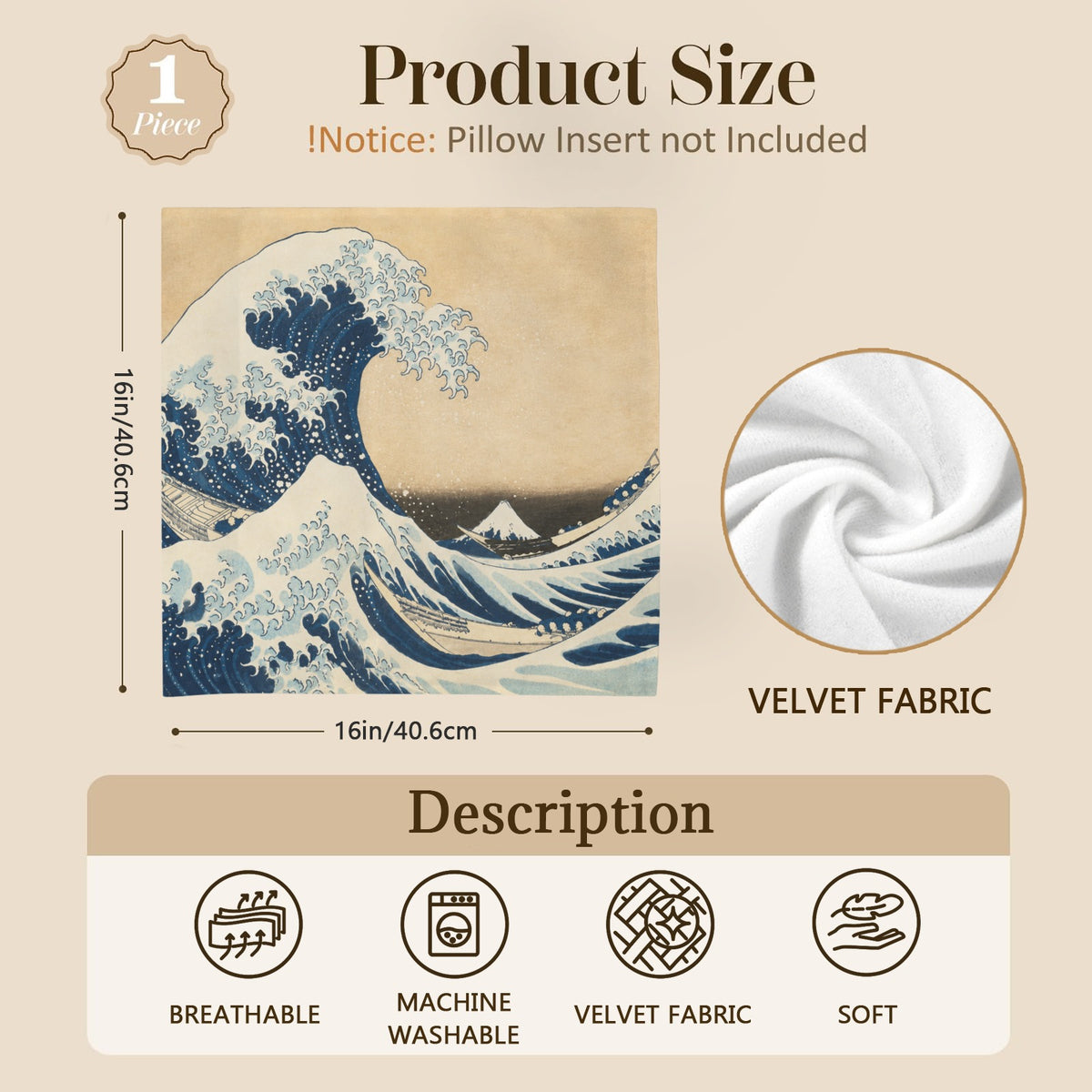 Great Wave woodblock 16 x 16 in Envelope Pillow Case