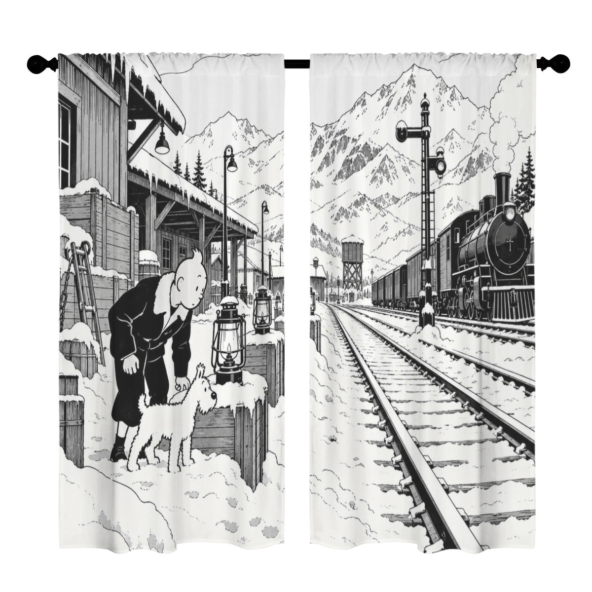 Tintin and Snowy at the Icy Rail Depot 52 x 84 in Window Curtain Set