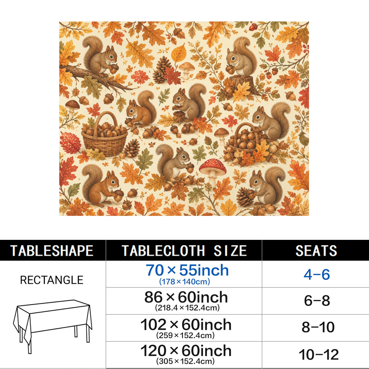 Squirrels 178cm x 140cm Rectangular Tablecloth 70x55inch (QUE)