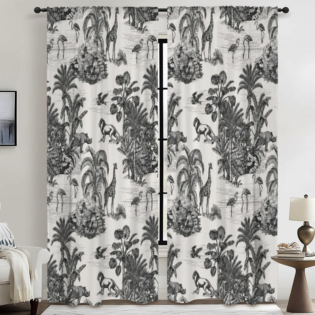 Black White Jungle Animals 52 x 84 in Window Curtain Set