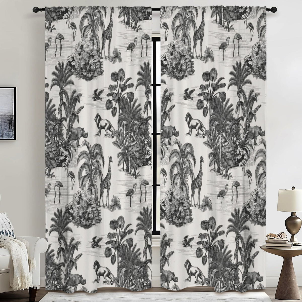 Black White Jungle Animals 52 x 84 in Window Curtain Set