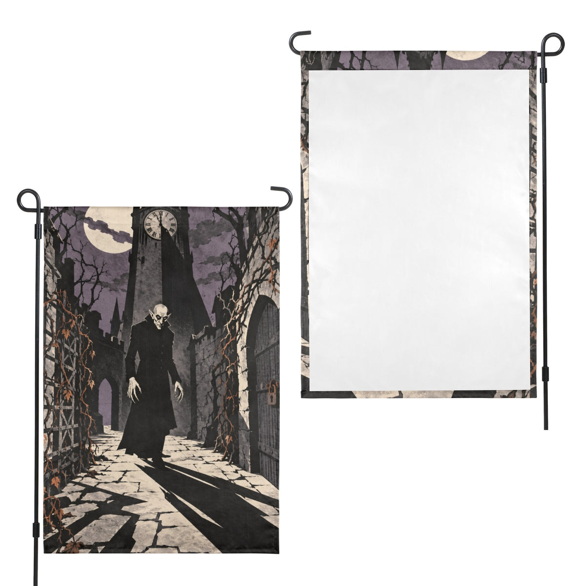 Count Orlok 1922 clocktower courtyard 12 x 18 in Garden Flag