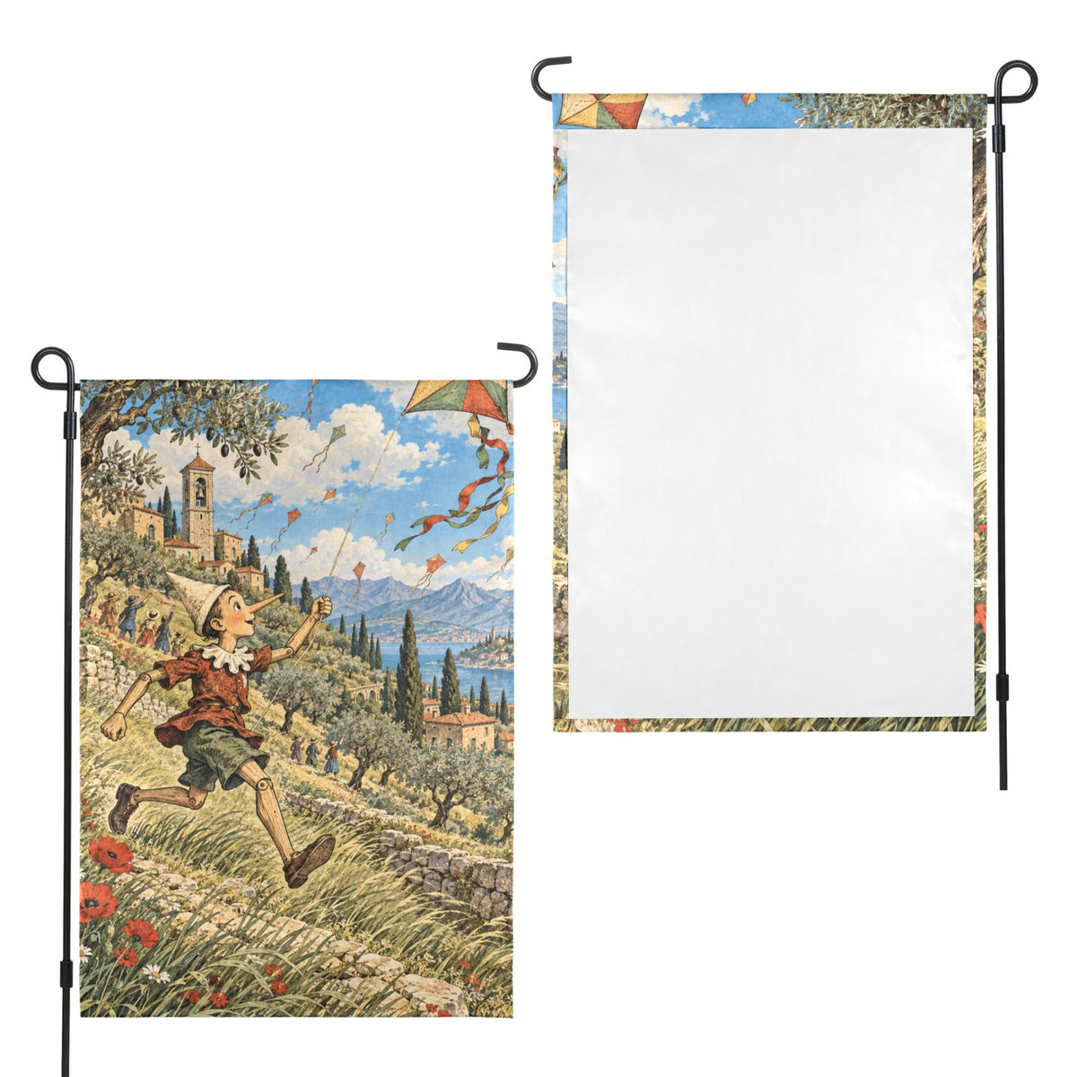 Pinocchio 1883 kite festival hillside 12 x 18 in Garden Flag