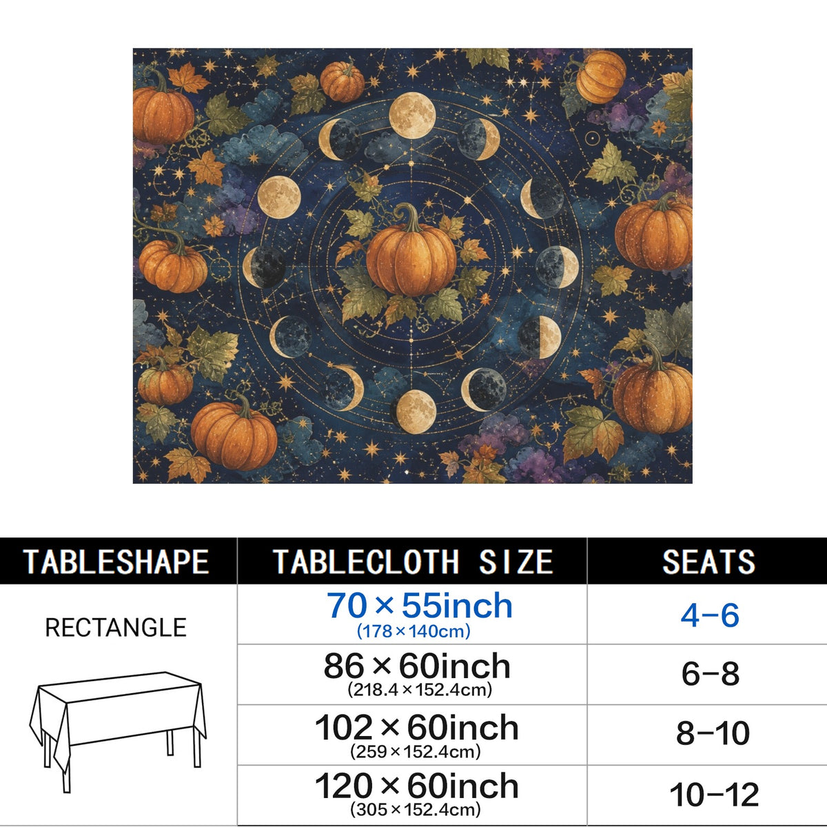 Moon Chart 178cm x 140cm Rectangular Tablecloth 70x55inch (QUE)