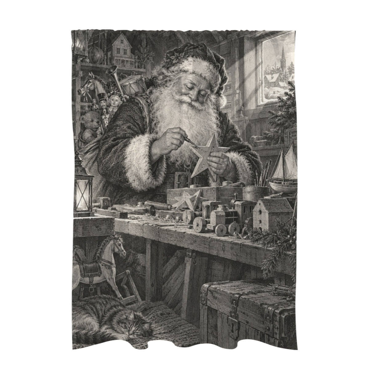 Thomas Nast Santa repairs a wooden star 51 x 72 in Door Curtain (QUE)