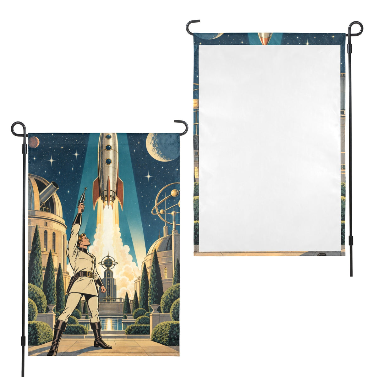 Buck Rogers 1929 retro observatory launch 12 x 18 in Garden Flag