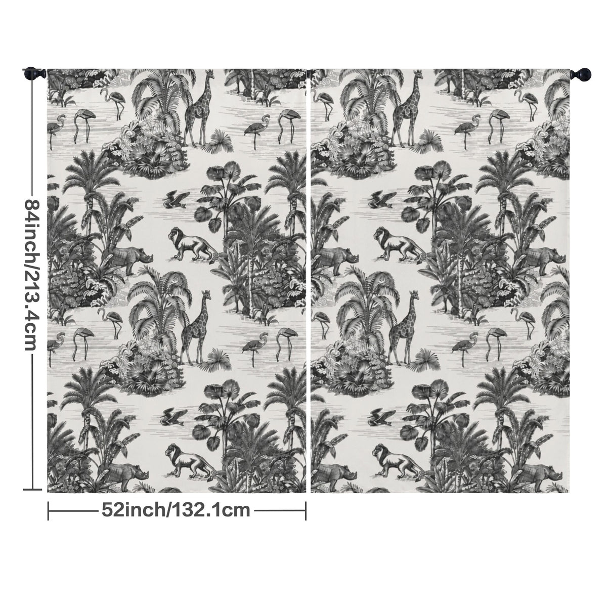 Black White Jungle Animals 52 x 84 in Window Curtain Set
