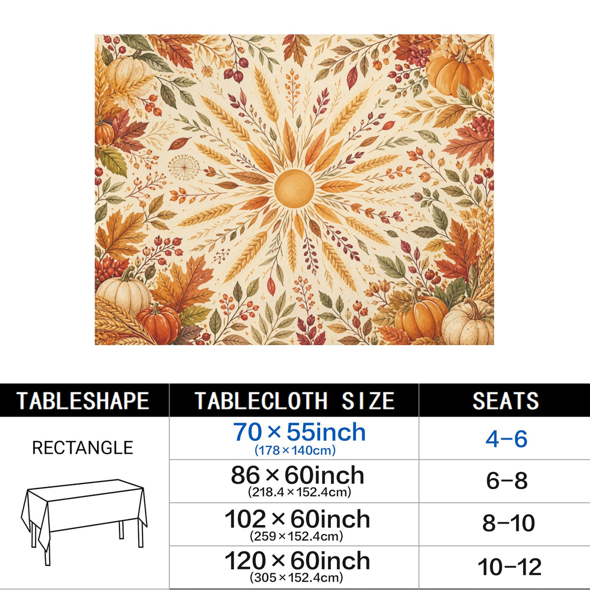 Sunburst 178cm x 140cm Rectangular Tablecloth 70x55inch (QUE)