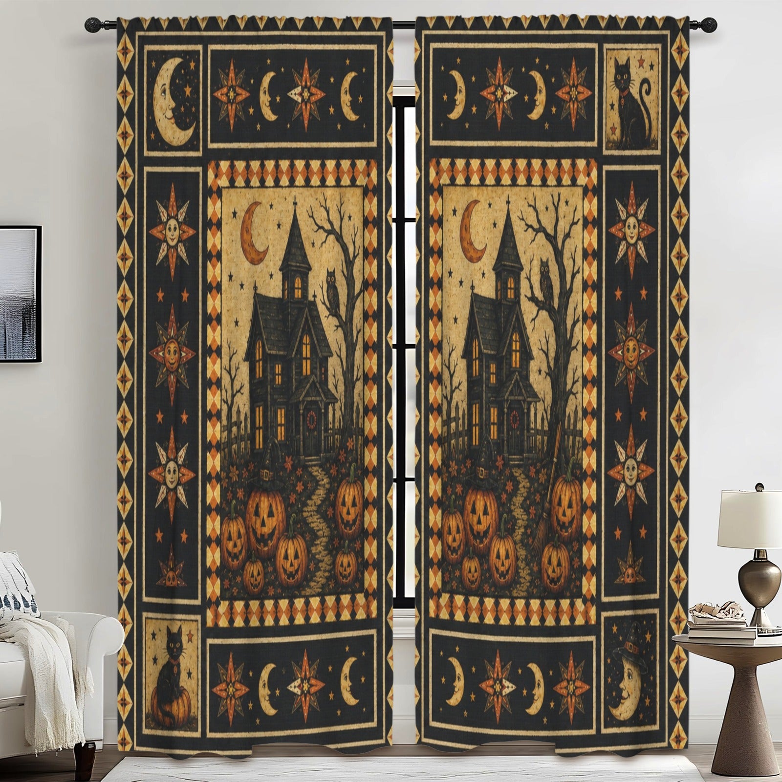 Haunted Castle Cat 52 x 84 in Window Curtain Set