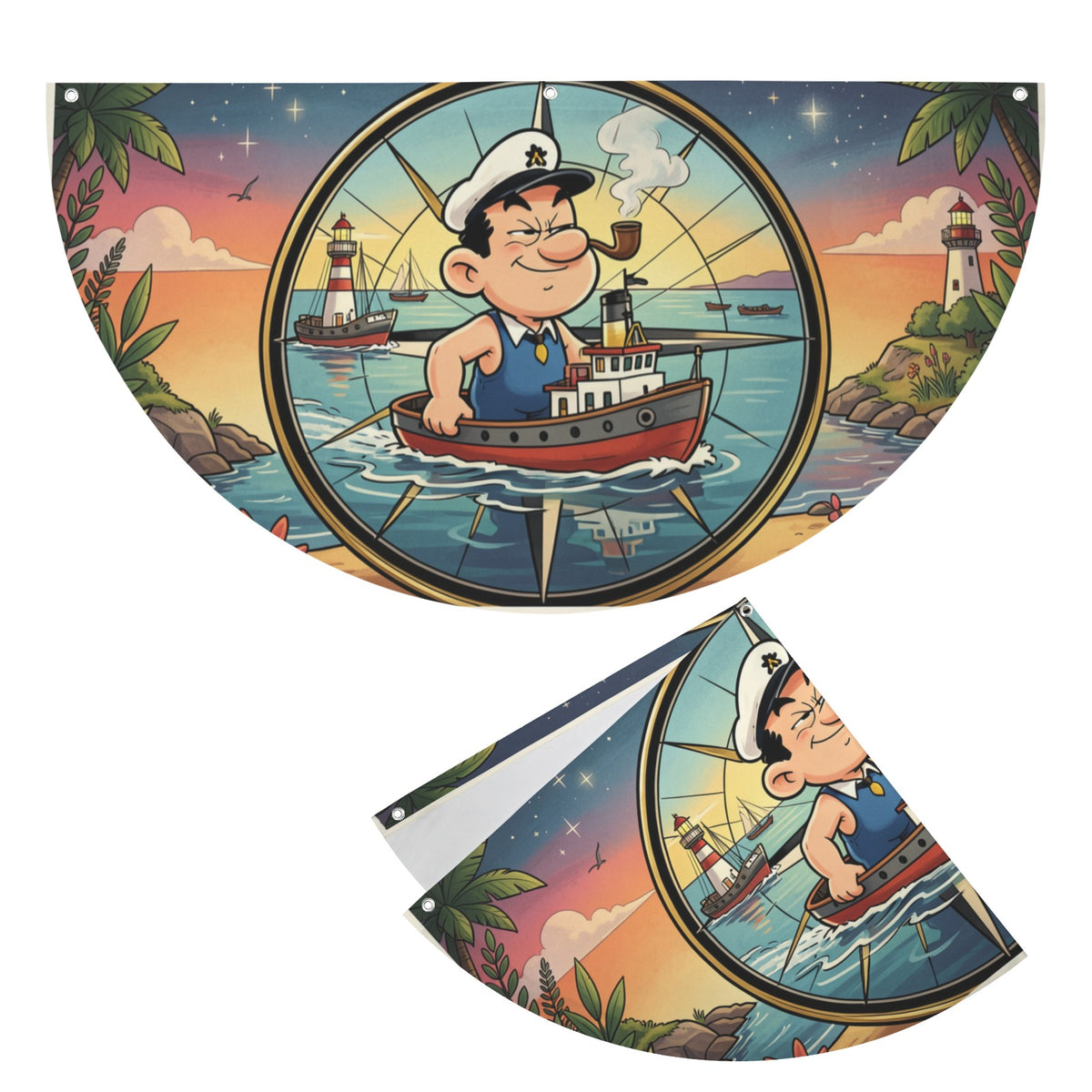 Popeye Navigates A Tugboat Through 36 x 18 in Semi Circle Flag