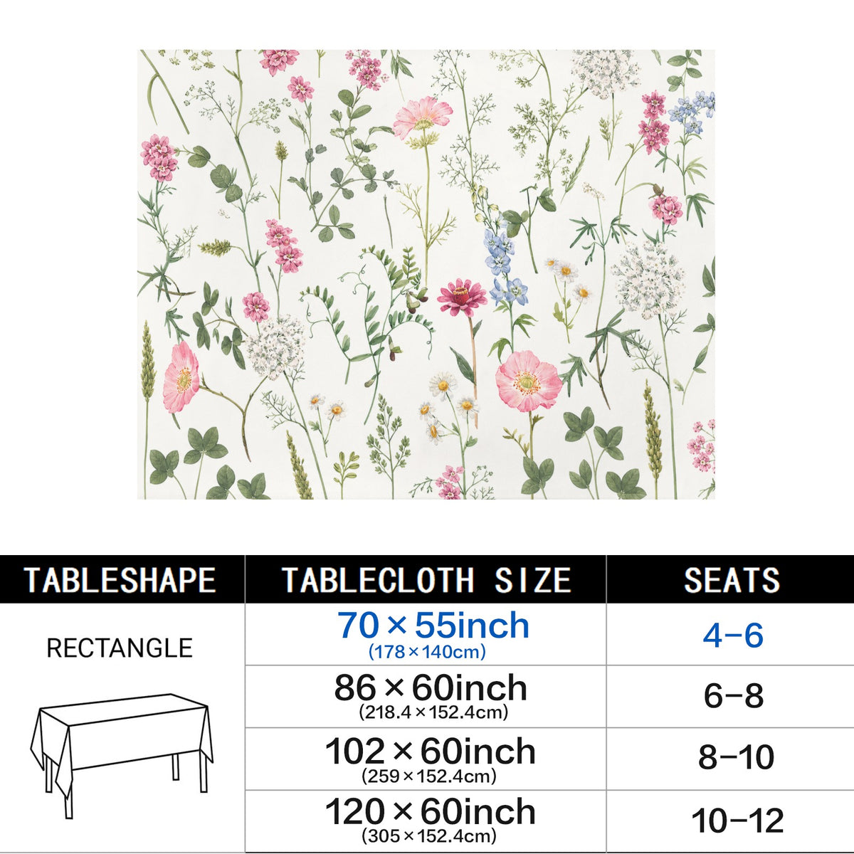 Vintage Wildflower 178cm x 140cm Rectangular Tablecloth 70x55inch (QUE)