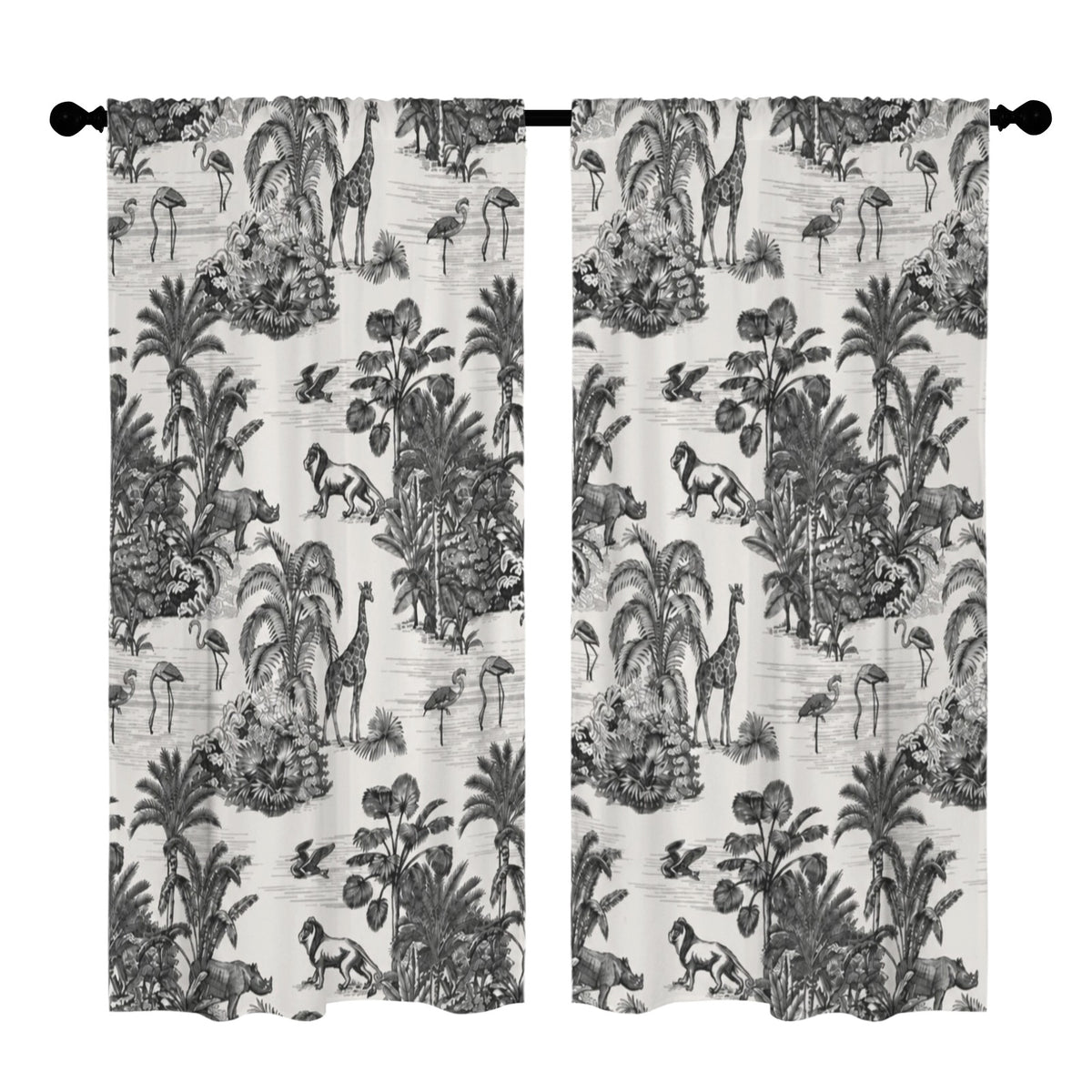 Black White Jungle Animals 52 x 84 in Window Curtain Set