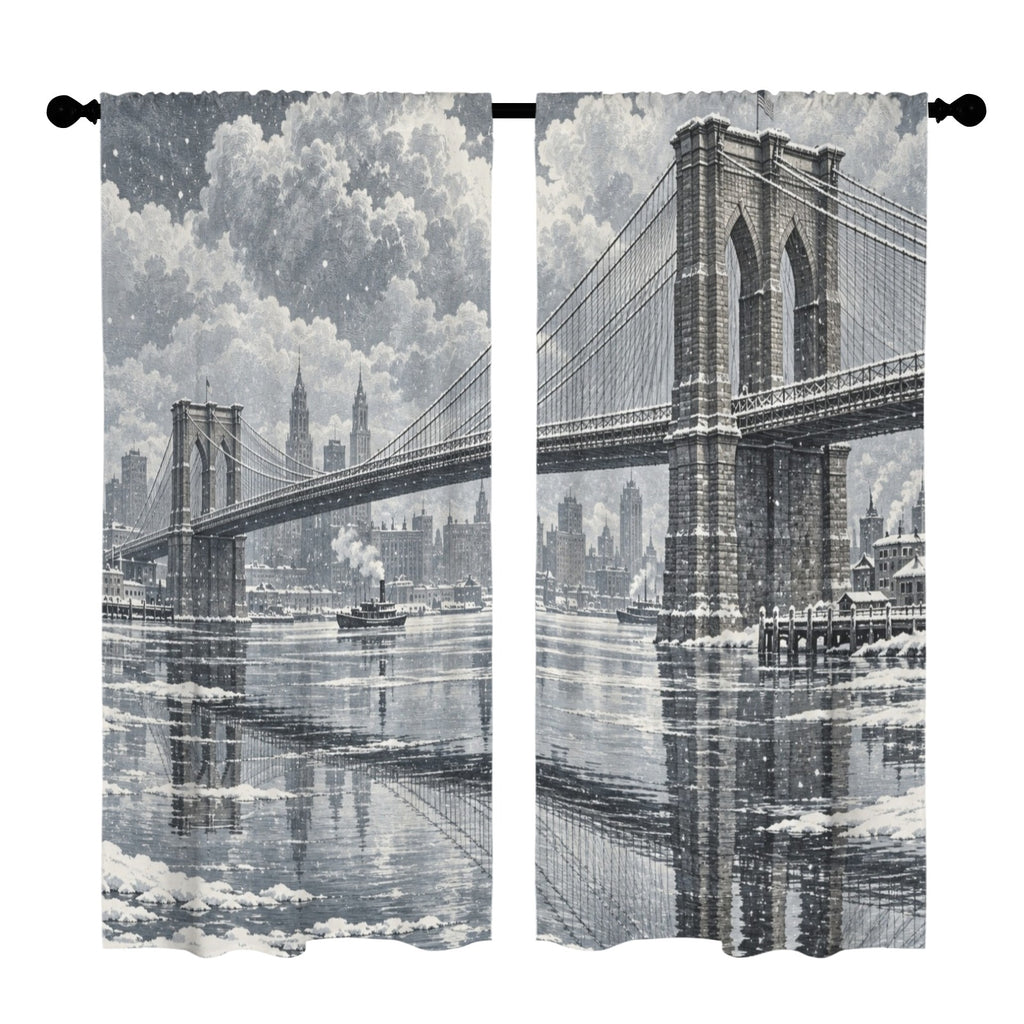 Brooklyn Bridge Snowlit River 52 x 84 in Window Curtain Set