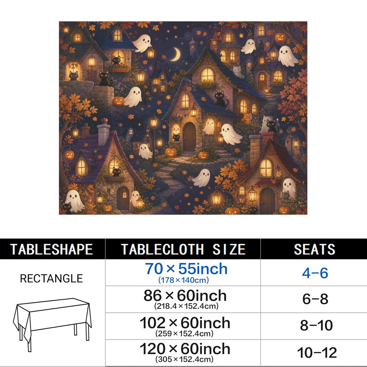 Ghost Cat Village 178cm x 140cm Rectangular Tablecloth 70x55inch (QUE)