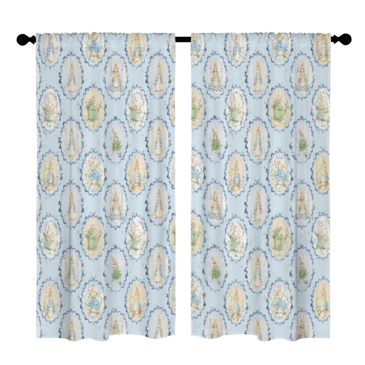 Blue Rabbit Oval Pattern 52 x 84 in Window Curtain Set