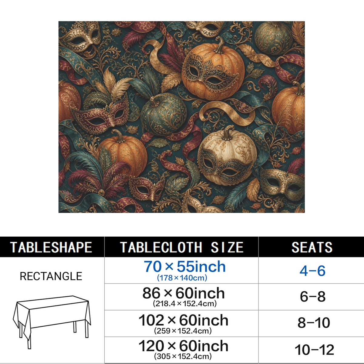 Masquerade 178cm x 140cm Rectangular Tablecloth 70x55inch (QUE)