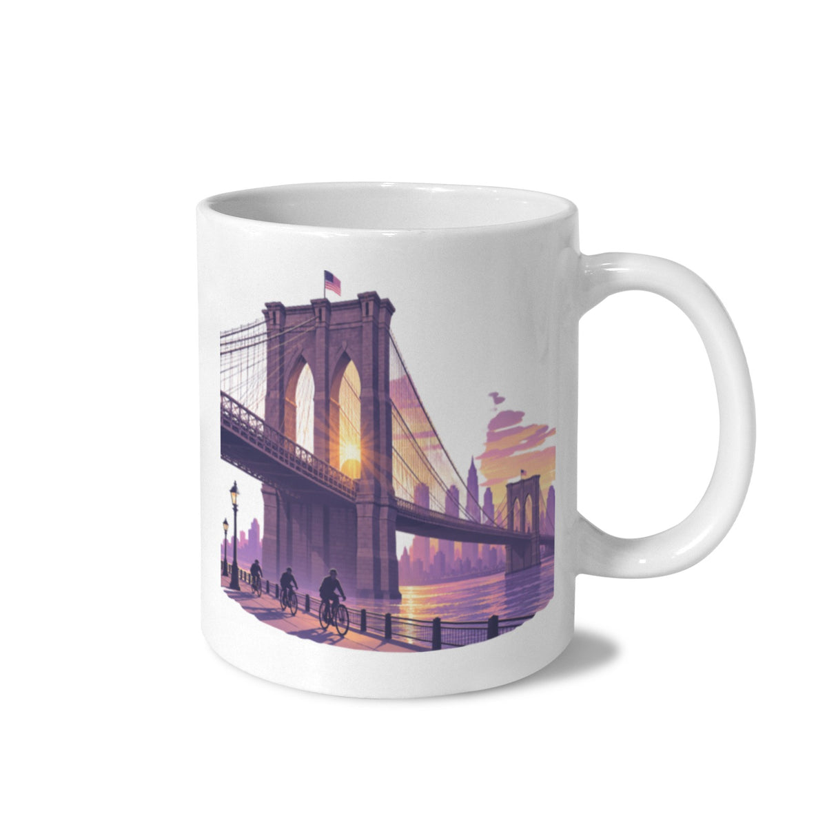 Brooklyn Bridge Violet Sunrise Cyclists 11 oz White Ceramic Mug