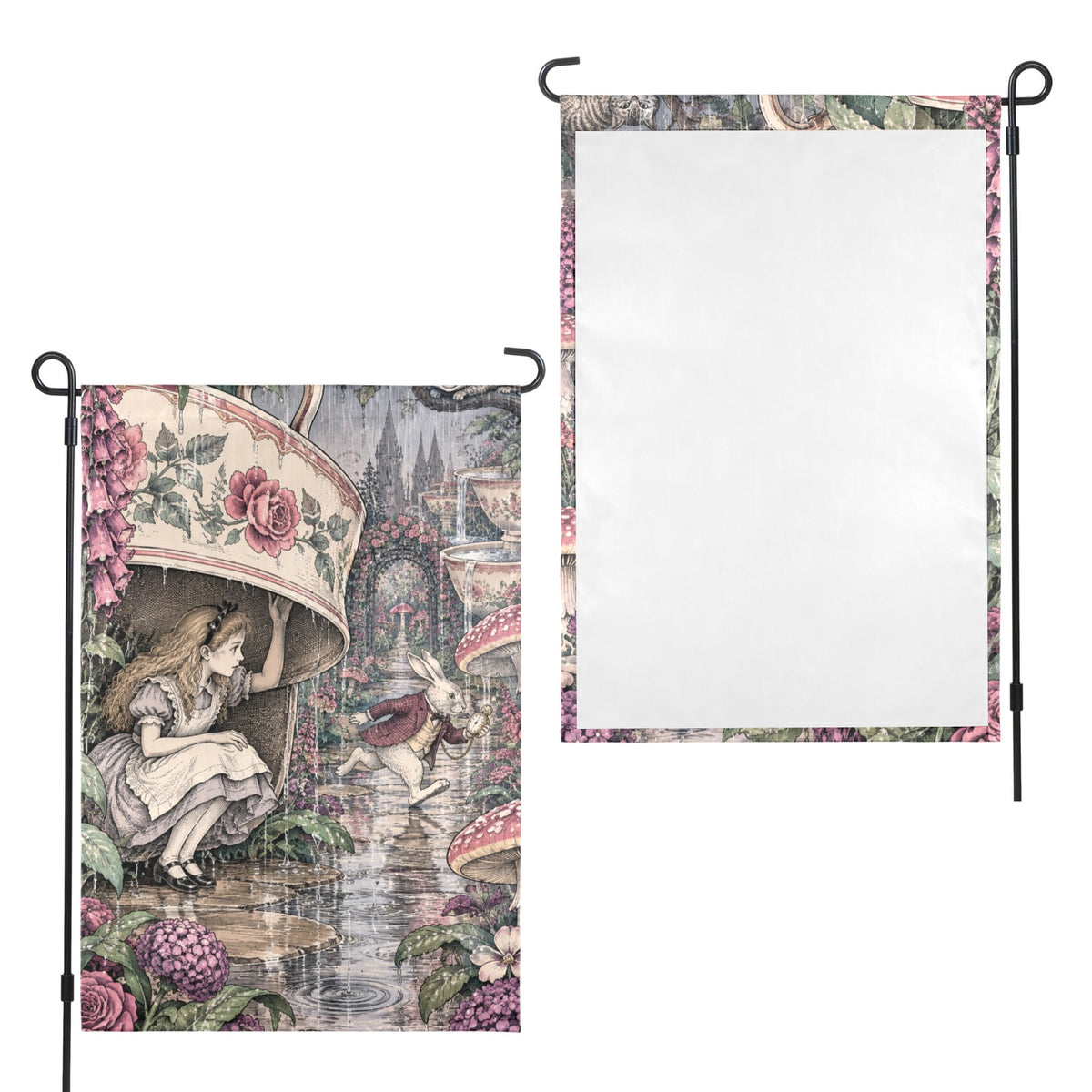 Alice 1865 giant teacup rain garden 12 x 18 in Garden Flag
