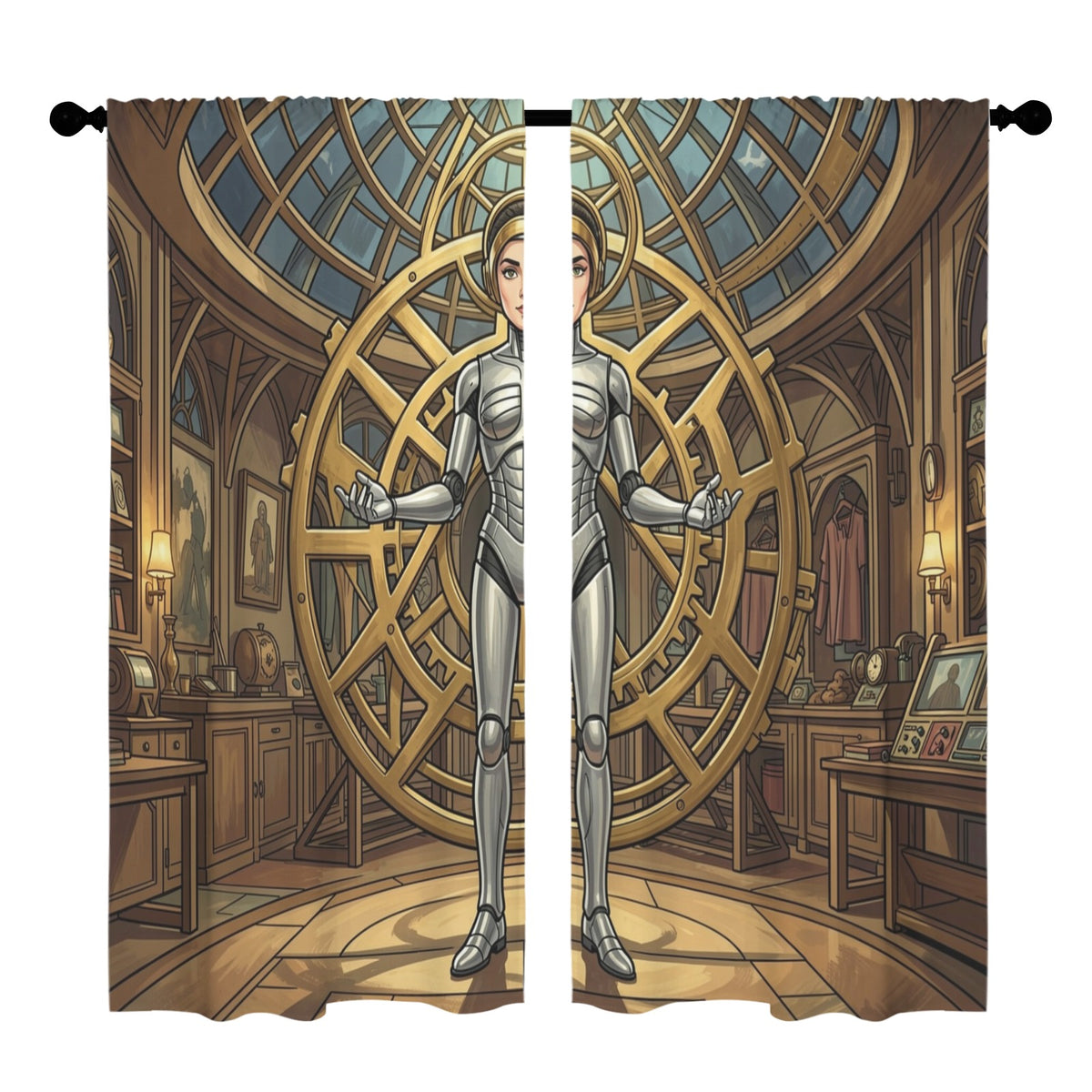 Robot Maria Art Deco Gears 52 x 84 in Window Curtain Set