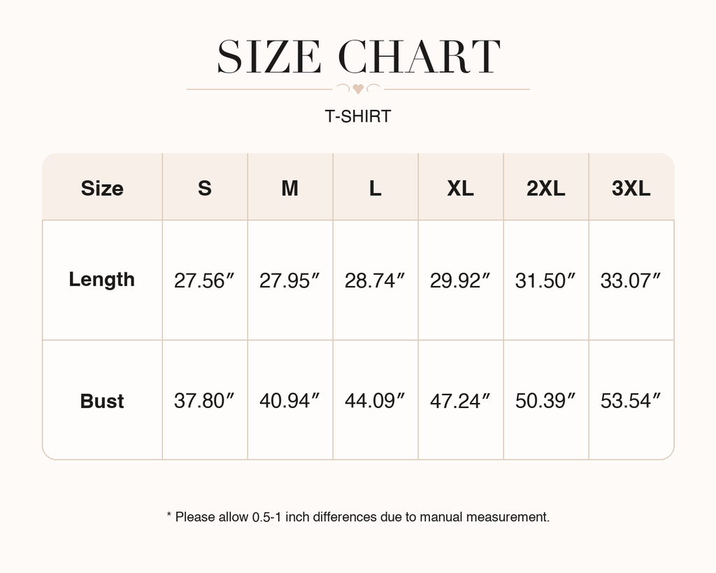Men's T-shirt size chart for sizes S, M, L, XL, 2XL, and 3XL.