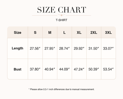 Men's T-shirt size chart for sizes S, M, L, XL, 2XL, and 3XL.