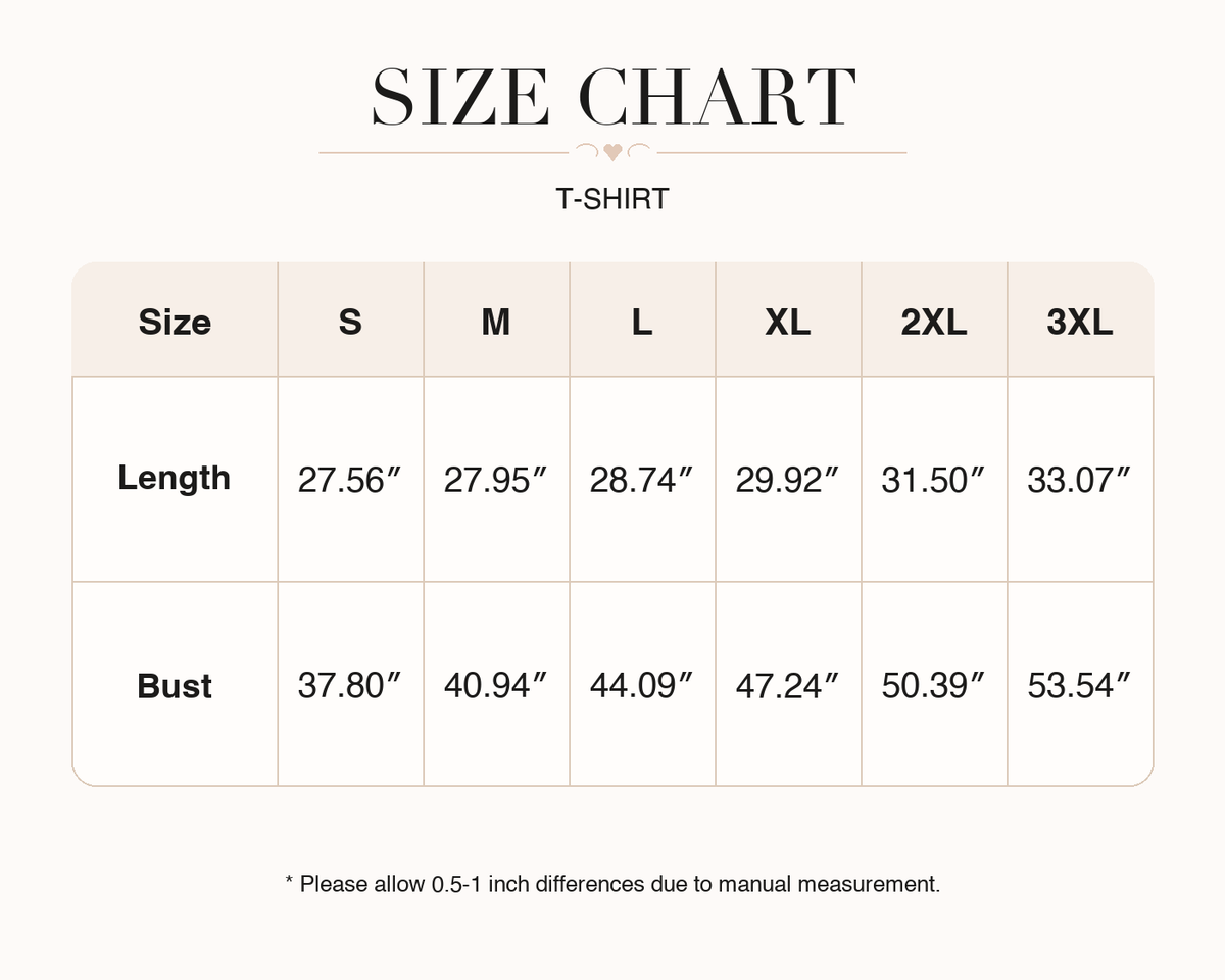 Men's T-shirt size chart for sizes S, M, L, XL, 2XL, 3XL.